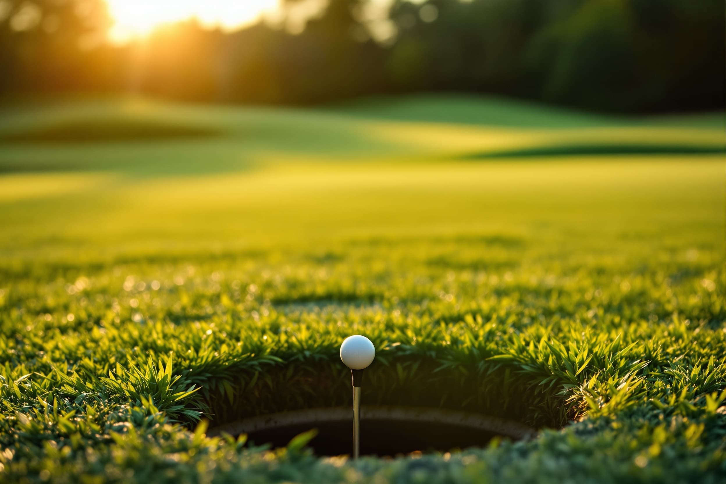 Golf driver club resting on a real grass tee box, golden hour