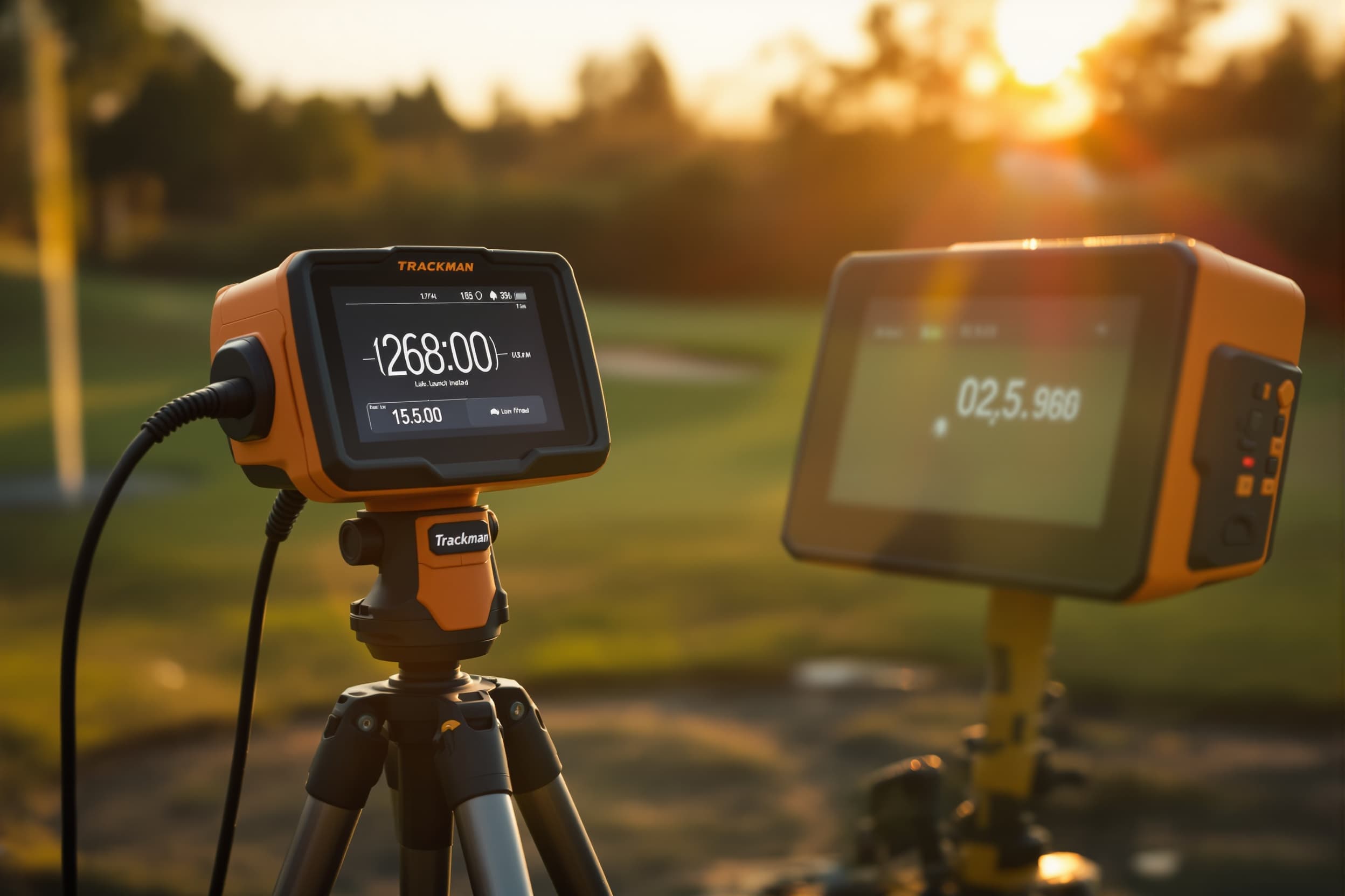 Trackman launch monitor at golden hour on outdoor driving range