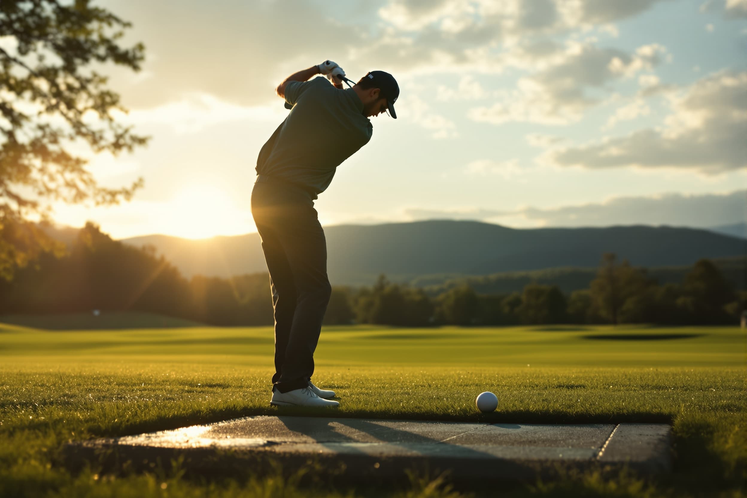 Golfer mid-follow-through on outdoor range at golden hour, Virginia mountains in distance