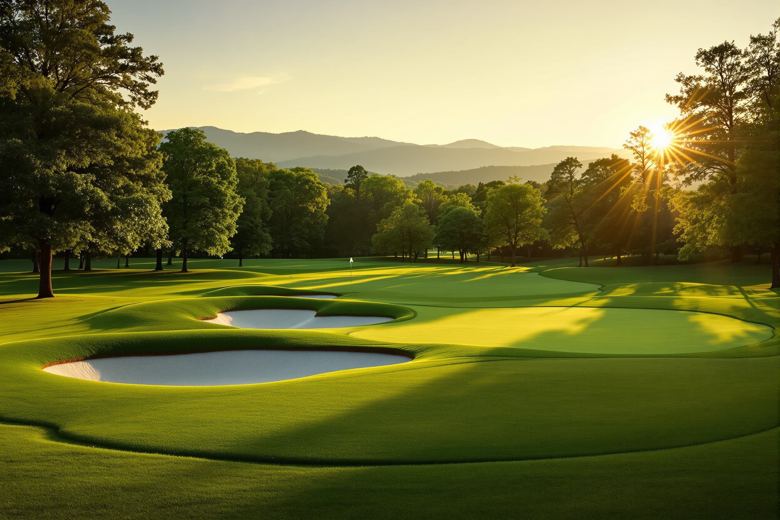 Classic Virginia golf course with bentgrass green and bunker complex, golden hour
