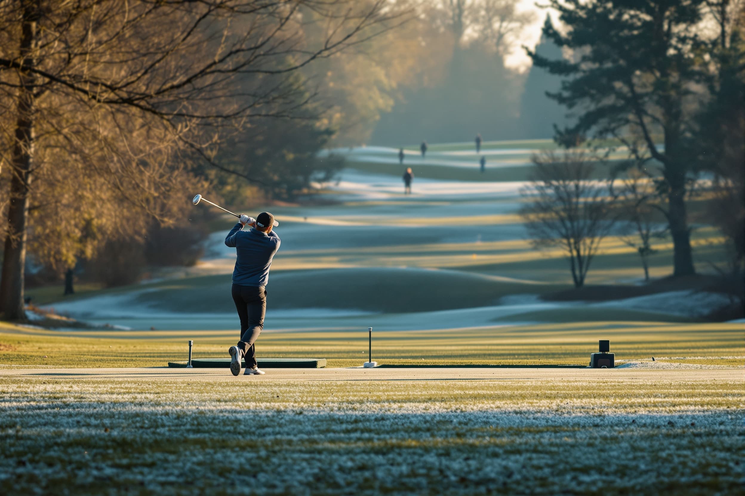 Outdoor driving range in late winter light, soft frosted grass and bare trees