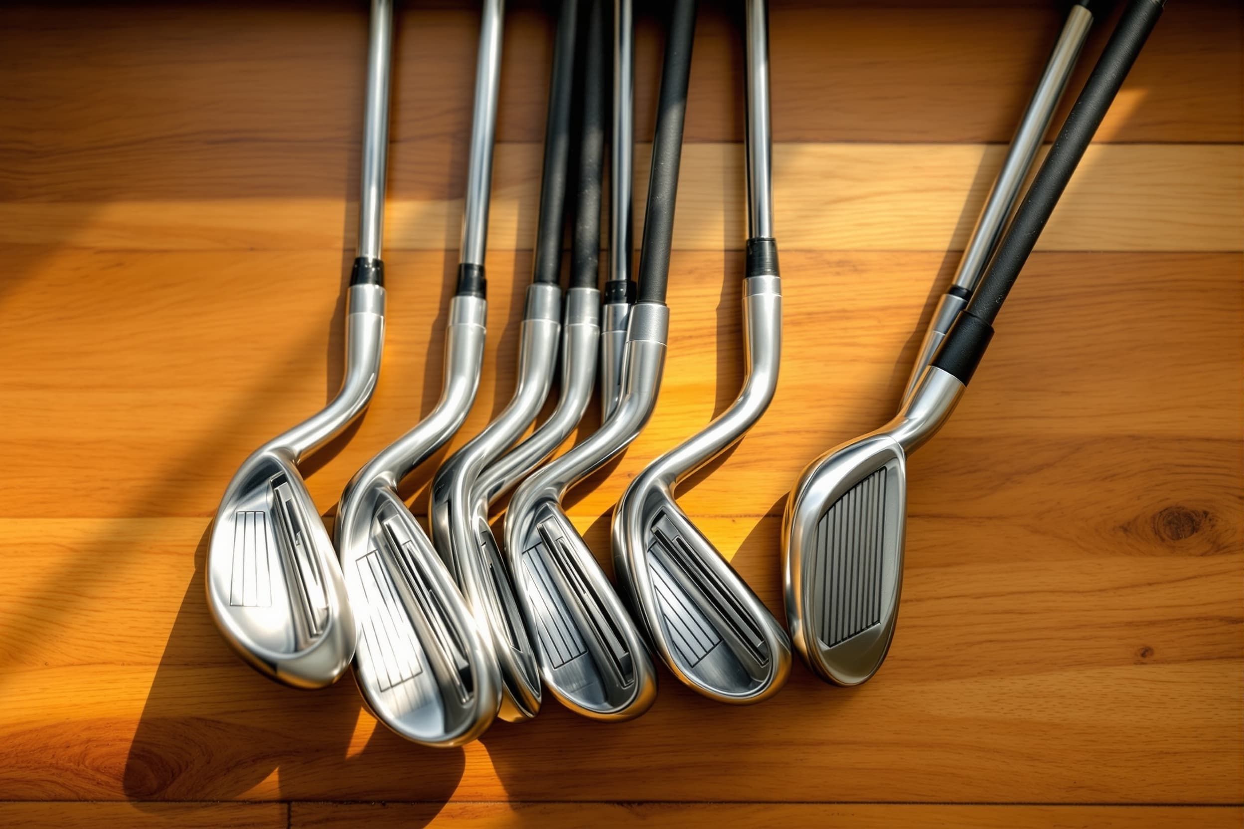 Several pre-owned golf clubs arranged on warm wood surface in soft window light