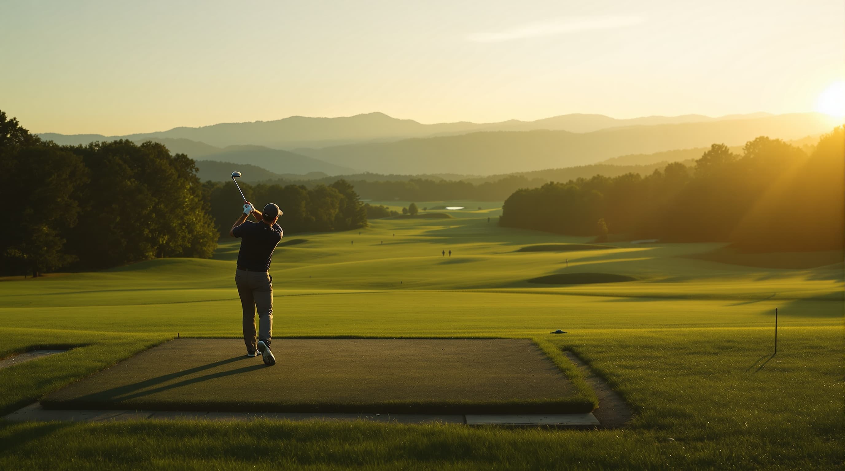 Golfer at golden hour on the outdoor driving range at Bogey's Sports Park, Richmond Virginia