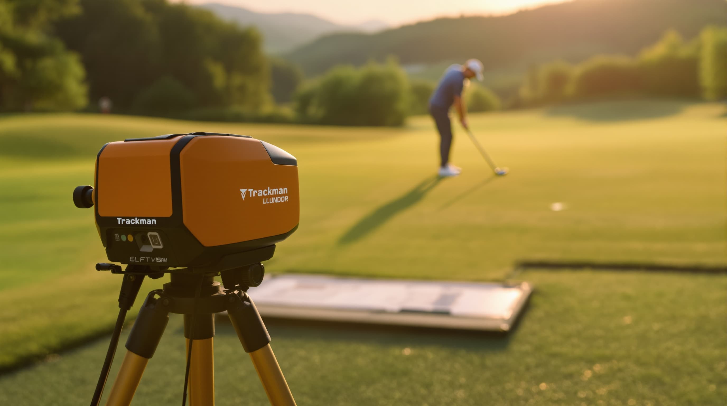 Trackman launch monitor on a tripod beside a golfer at address on an outdoor grass tee, golden hour
